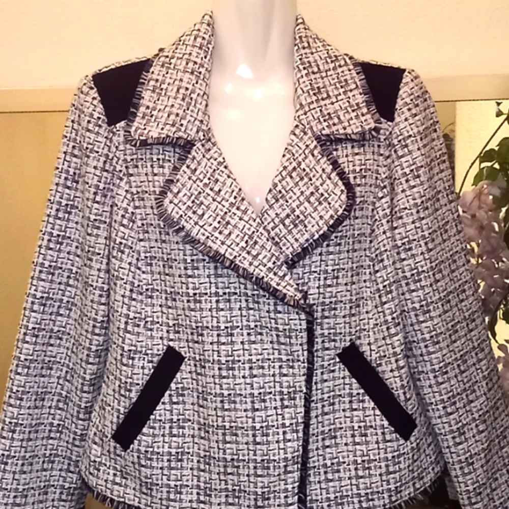 Chico's Moto Tweed Trim Detail Navy Jacket